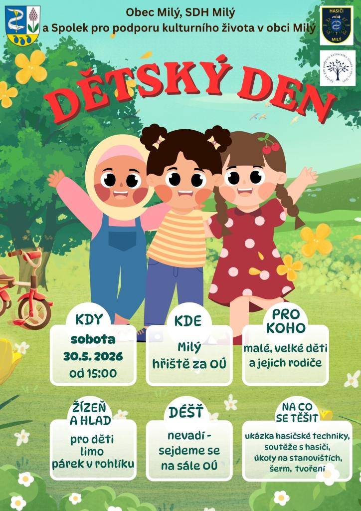 v sobotu 30.5.2026 zveme všechny děti i dospělé na dětský den od 15h. na hřišti za obecním úřadem, v případě na sále OÚ.