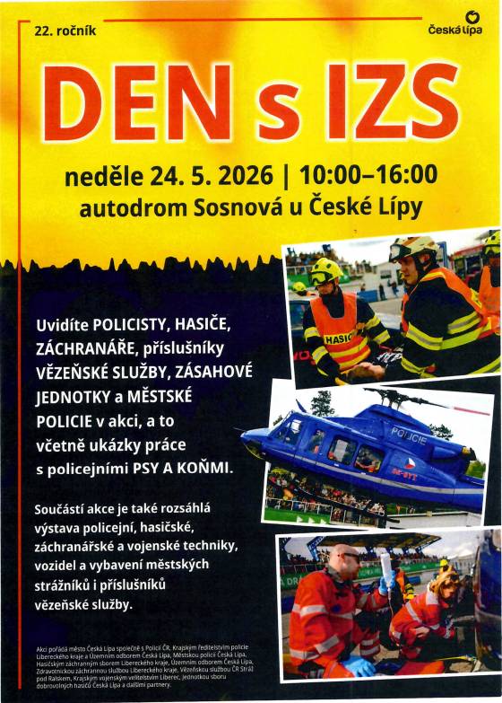 Přijďte se podívat na akční zásahy a techniku záchranářů, policistů a hasičů. Ideální program pro celou rodinu! Kdy: Neděle 24. 5. 2026 od 10:00 do 16:00 Kde: Autodrom Sosnová u České Lípy Užijte si den plný zážitků!