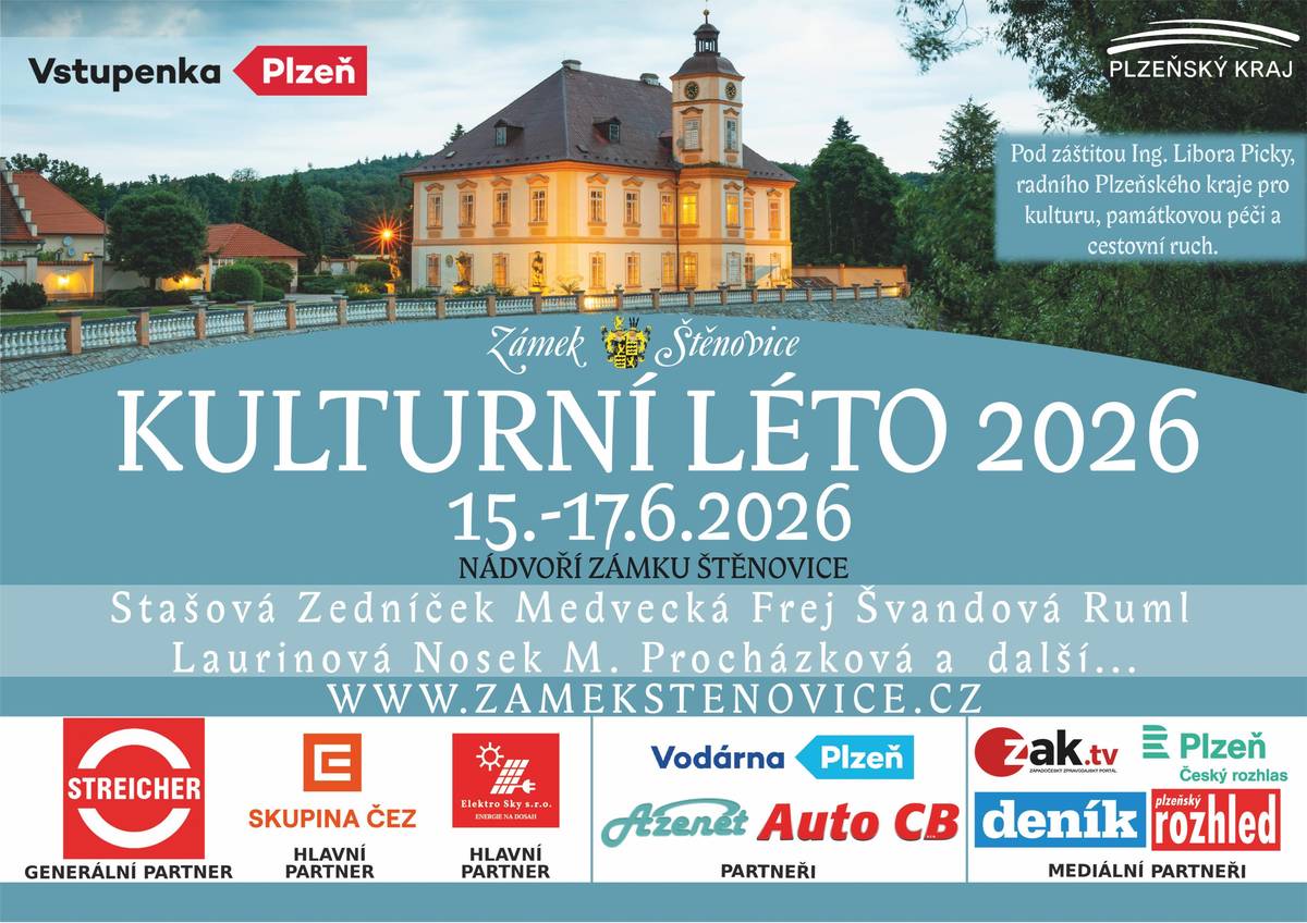 Zámek Štěnovice si Vás dovoluje pozvat na letošní festival, který se uskuteční v termínu 15. - 17. 6. 2026 Veškerý výtěžek z akcí je použit na opravy a rekonstrukci zámku, právě pokračujeme na opravě střechy a fasády.❤️ Více informací na www.zamekstenovice.cz