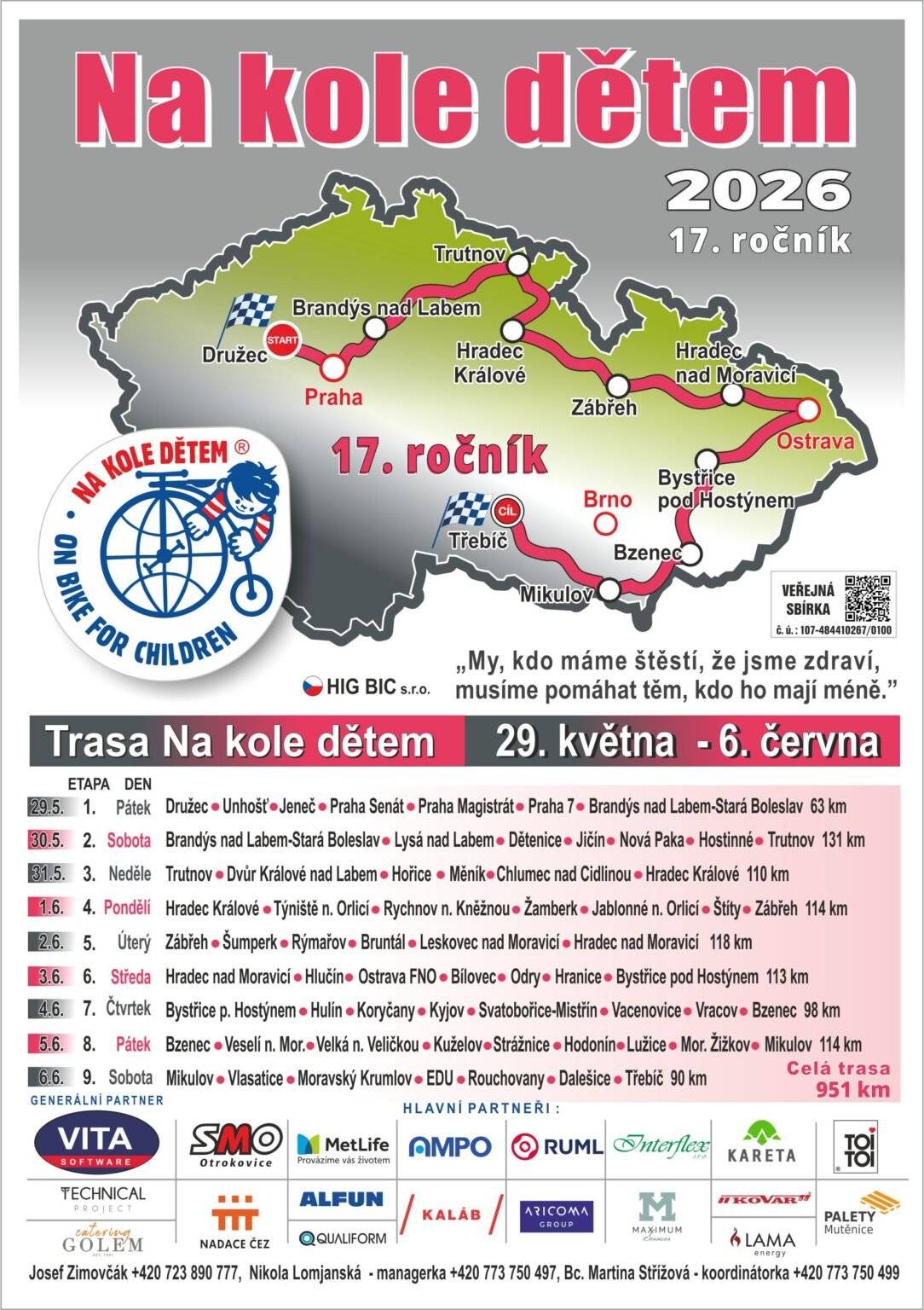 Datum konání: Pondělí 1. června 2026. Charakter akce: 3. etapa charitativní cyklo tour na podporu onkologicky nemocných dětí. 🗺️Trasa v úseku Bystřec: Peloton přijede ve směru od Jablonného nad Orlicí po silnici III/31113.🗺️ 🏘️Průjezd obcí: V Bystřeci trasa vede po silnici III/31113, následně po silnici III/31115 a místních komunikacích směrem na Valteřice a hranici kraje. ⏱️Předpokládaný čas: Průjezd obcí a okolím je plánován cca mezi 14:45 a 15:45. Bezpečnostní a provozní informace Způsob jízdy: Účastníci se budou pohybovat v pelotonu pouze v pravém jízdním pruhu. Doprovod: Peloton bude doprovázen Policí ČR a dvěma doprovodnými vozidly organizátora s oranžovými výstražnými majáky pro zajištění bezpečnosti. Opatření: Nejedná se o úplnou uzavírku, ale o zvláštní užívání komunikace za provozu. Prosíme občany o zvýšenou opatrnost při pohybu na trase v uvedeném čase.