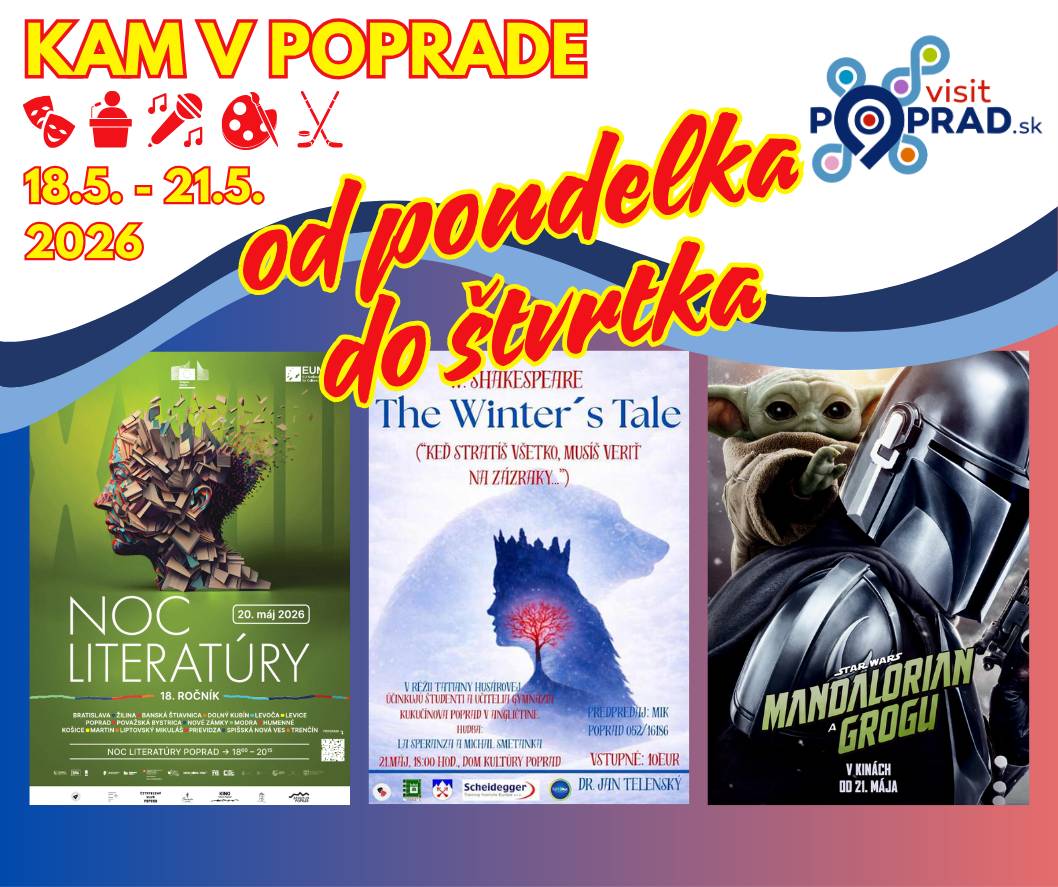 👷Začal sa nový pracovný týždeň a opäť tu máme pre Vás zopár podujatí v Poprade. Nech sa páči: 📆Pondelok 18. máj 19:00 Sliepka (Filmový klub) – maďarská čierna komédia (Kino Tatran) 📆Utorok 19. máj 16:00 V ríši divov X: Narodeninová párty s Rosničkou – vernisáž výstavy SZUŠ Rosnička z celoslovenskej výtvarnej súťaže (Podtatranská knižnica - Západ) 18:00 Mystery Night – logické hry v tímoch (New Chicago) 19:00 V Adamovom rúchu (Radošinské naivné divadlo) – divadelná komorná komédia (Dom kultúry) 📆Streda 20. máj 17:00 Martin Krystynek - MQEP: Stretnutie s fotografiou (Fotoklub MAMUT Poprad) – autorský večer (Malý princ cukráreň - OC Výkrik) 18:00 Noc literatúry – večerné čítanie (Evanjelický kostol Svätej Trojice, Podtatranské múzeum, Kino Tatran, Groteska art café, Kníhkupectvo Christiania) 18:00 Eniesa – folkový sólo koncert (Kaviareň Záhrada - Veľká) 19:30 Crazy Quiz – vedomostný kvíz (Café RAZY) 📆Štvrtok 21. máj 18:00 Radičová – diskusia o knihe Petra Bárdyho s Ivetou Radičovou + autogramiáda (AquaCity) 18:00 The Winter's Tale – divadelná hra W.Shakespearea v podaní učiteľov a študentov Gymnázia Kukučínova v anglickom jazyku (Dom kultúry) 18:00 Turnaj v hre Šípky (New Chicago) 19:00 Star Wars: Mandalorian a Grogu – akčné dobrodružné Sci-fi (Kino Tatran) Podrobnosti o podujatiach nájdete tu👇: Podujatia | VisitPoprad.sk Vybrali ste si? 😉