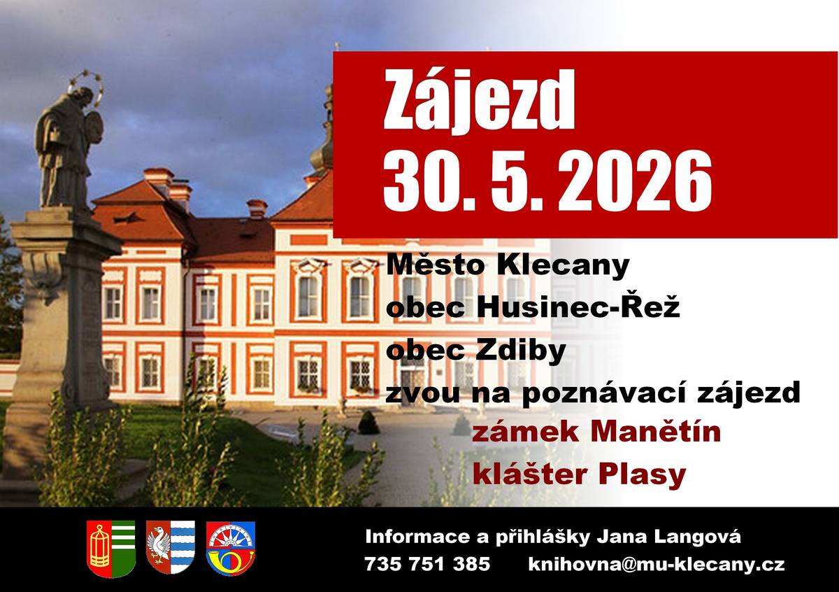 Zveme vás na poznávací výlet na zámek Manětín a klášter Plasy, který se uskuteční dne 30.5.2026, předpokládaný odjezd je v 7.30 z konečné zastávky autobusu u ÚJV. Více informací v příloze nebo na webu obce. tým OÚ