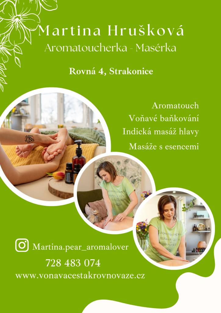 Spolek Modrý Hořec Vás zve na voňavý workshop a na setkání s Martinou Hruškovou,která v Rovné nabízí služby v oblasti aromaterapie,masáží a relaxačních technik.Během workshopu se dozvíte více o esenciálních olejích, podpoře imunity, relaxaci i možnosi možnostech péče o tělo a celkovou pohodu.