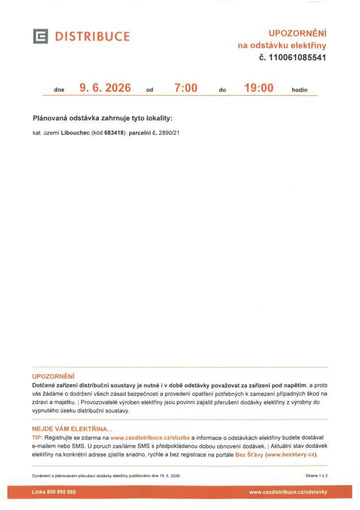 Oznámení o plánovaném přerušení dodávky elektrické energie dne 9.6.2026