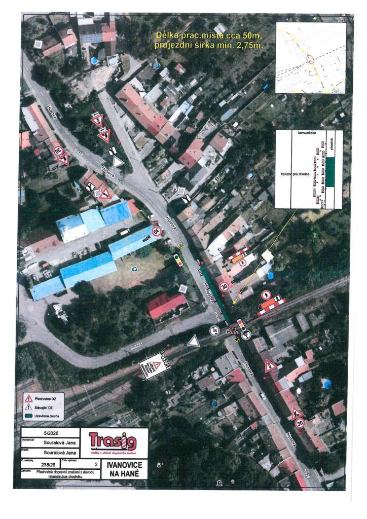 V průběhu příštího týdne budou na ulici Husova zahájeny práce na opravě chodníku. Dojde k omezení provozu částečnou uzavírkou, která by měla trvat nejdéle do 30.6.2026  a bude umístěna světelná signalizace. Budou omezeni i chodci.