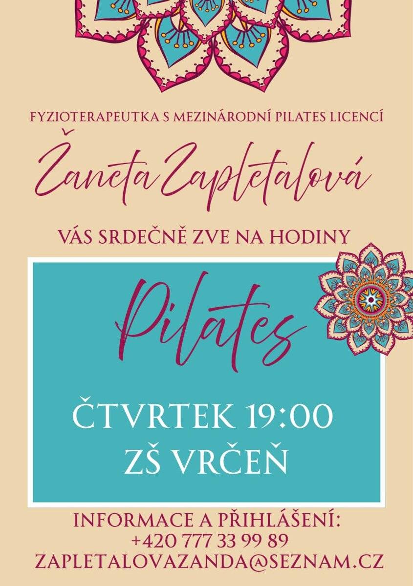 Objevila se nabídka možnosti navštěvovat lekce Pilates přímo ve vrčeňské škole. Lekce by se konaly ve čtvrtek od 19h. Tento čtvrtek 21.5. 2026 bude pro zájemce ukázková hodina také od 19h. S sebou vhodné sportovní oblečení, pití a podložku.