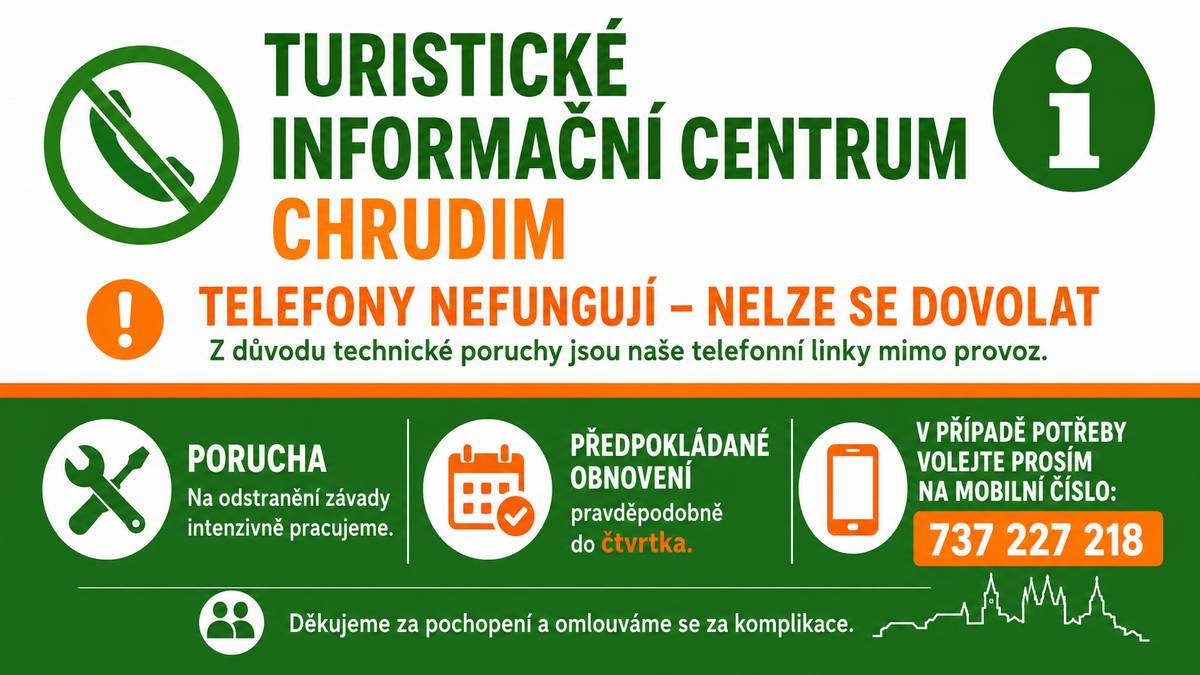 Vážení občané,  z důvodu technické poruchy jsou v tuto chvíli mimo provoz telefonní linky Turistického informačního centra Chrudim, a není tak možné se na centrum dovolat prostřednictvím pevných linek. ❌☎️ Na odstranění závady se již pracuje, obnovení provozu předpokládáme pravděpodobně během čtvrtka. V případě potřeby prosím využijte náhradní mobilní kontakt: 737 227 218 Děkujeme za pochopení a omlouváme se za komplikace.