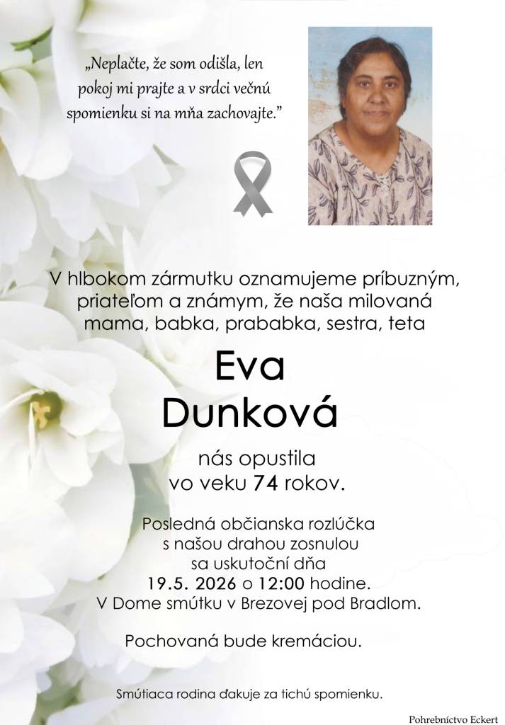 Smútočné oznámenie - Eva Dunková