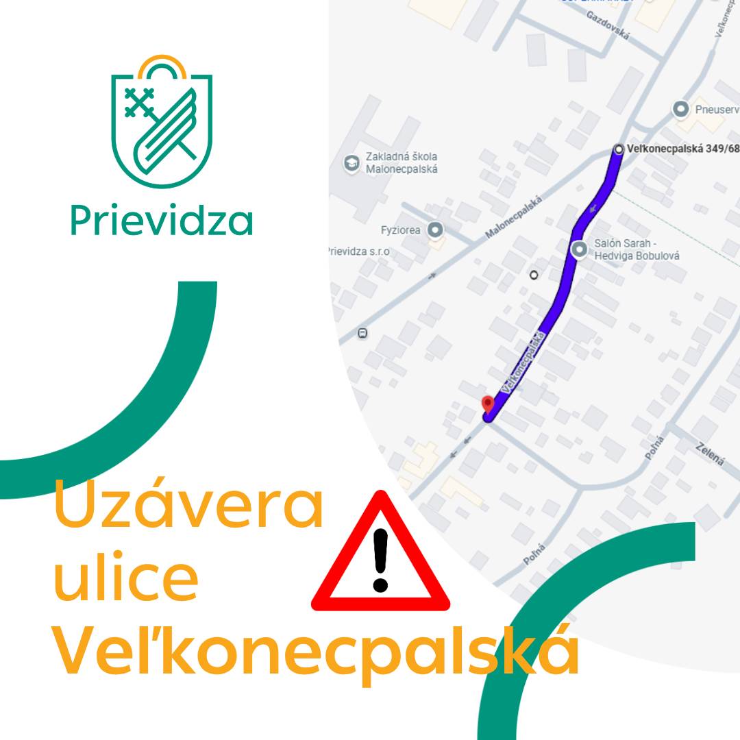 ❗ Stredoslovenská vodárenská prevádzková spoločnosť, a. s. upozorňuje verejnosť, že z dôvodu opravy poruchy na verejnom vodovode, bude vo štvrtok 21.05.2026 v čase od 8:00 do odstránenia poruchy (približne do 12:00) uzavretá časť ulice Veľkonecpalská.  ⛔ Uzávera ulice bude smerom od kaplnky Sedembolestnej Panny Márie po križovatku s ulicou Poľná.