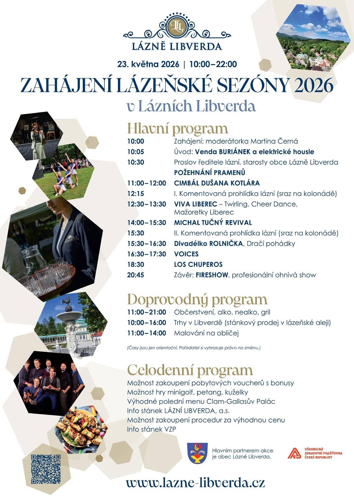 Oslavte s námi zahájení lázeňské sezóny v Lázních Libverda dne 23. května 2026. Od 10:00 do 22:00 se v lázeňském parku uskuteční pestrý program plný hudby, tance a zábavy pro všechny věkové kategorie.   Přijeďte si užít velkolepé zahájení sezóny, které rozvlní celé lázně v rytmu ska, country i virtuózních elektrických houslí. Čeká vás nabitý program od energických Los Chuperos a Michal Tučný revival přes podmanivý cimbál až po dechberoucí večerní ohnivou show. Mezi vystoupeními si vychutnáte farmářské trhy, komentované prohlídky a pohádky pro děti, což z Libverdy dělá perfektní cíl pro den plný skvělé hudby a prvorepublikové atmosféry.     Čeká vás bohaté občerstvení, stánky s lokálními produkty a spousta nezapomenutelných zážitků. Vstup na tuto jedinečnou událost je zdarma.   https://www.lazne-libverda.cz/cz/zls