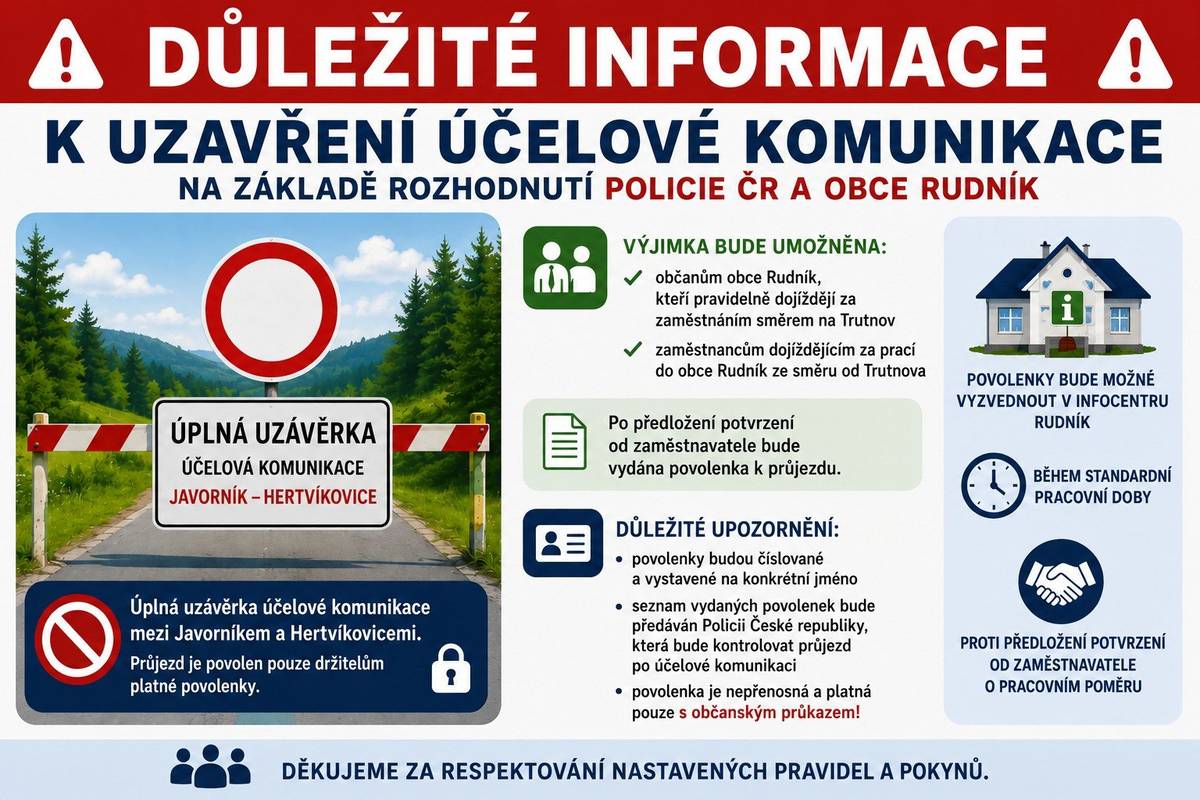 Na základě rozhodnutí Policie České republiky a obce Rudník dojde po pondělní krizové situaci k úplnému uzavření účelové komunikace mezi Javorníkem a Hertvíkovicemi. ⭕  Obec Rudník ve spolupráci s Policií ČR zároveň stanovila režim výjimek pro omezený průjezd touto komunikací.  ✅ Výjimka bude umožněna:  • občanům obce Rudník, kteří pravidelně dojíždějí za zaměstnáním směrem na Trutnov  • zaměstnancům dojíždějícím za prací do obce Rudník ze směru od Trutnova  Po předložení potvrzení od zaměstnavatele bude vydána povolenka k průjezdu.  📌 Důležité upozornění:  • povolenky budou číslované a vystavené na konkrétní jméno  • seznam vydaných povolenek bude předáván Policii ČR • Policie ČR bude průjezd po účelové komunikaci kontrolovat  • povolenka je nepřenosná a platná pouze společně s občanským průkazem/pasem. Povolenky bude možné vyzvednout v Infocentru Rudník během standardní pracovní doby, a to proti předložení potvrzení od zaměstnavatele o pracovním poměru.  Děkujeme za respektování nastavených pravidel a pokynů Policie ČR