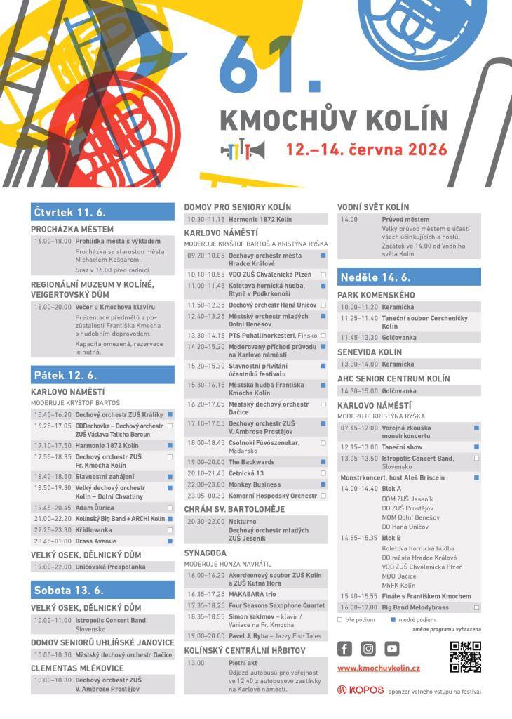 Kmochův Kolín se koná od 12. do 14. června 2026 a přinese pestrý program s hudebními vystoupeními a zábavou pro všechny. Návštěvníci mohou očekávat vystoupení známých umělců a orchestru, a také různé scénické akce a průvod městem.
