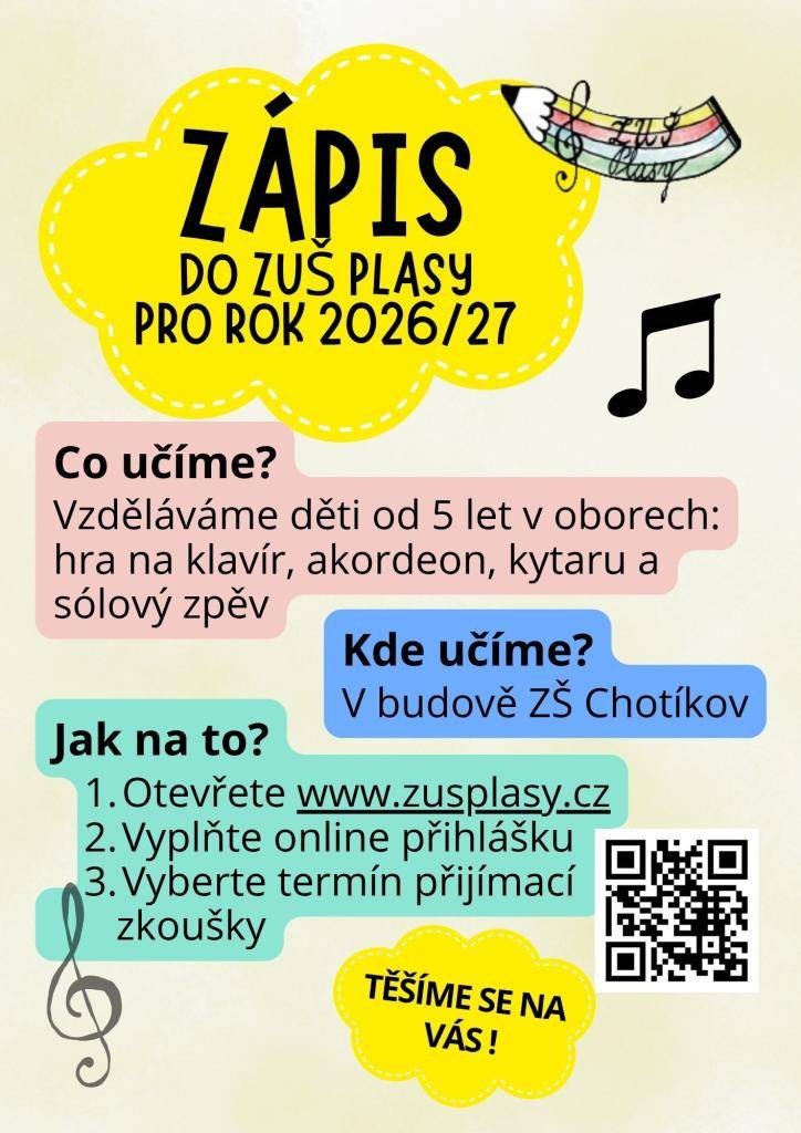Základní umělecká škola Plasy zve nové zájemce k zápisu pro školní rok 2026/2027. Výuka probíhá v budově ZŠ Chotíkov. Přihlášku a více informací naleznete na stránkách ZUŠ Plasy.