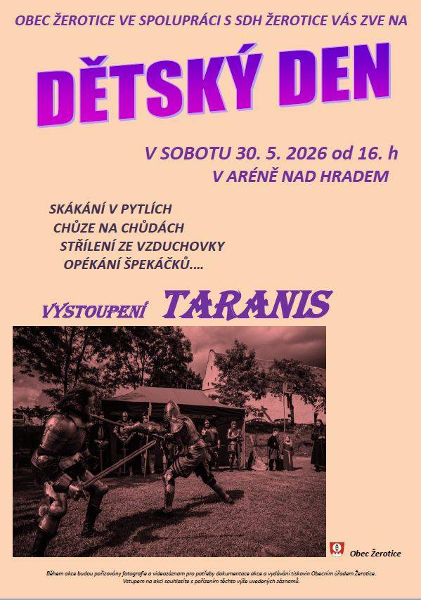 Dětský den v aréně nad hradem v Žeroticích 30.5.2026 od 16:00. Vystoupení skupiny historického šermu TARANIS.