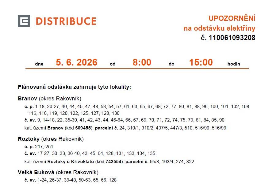 Velká Buková (okres Rakovník)  č. ev. 1-24, 26-37, 39-48, 50-63, 65, 66, 128    Branov (okres Rakovník)  č. p. 1-18, 20-27, 40, 44, 45, 47, 48, 53, 54, 57, 61, 63, 65, 67, 68, 72, 77, 80, 81, 88, 96, 100, 101, 102, 108,  116, 118, 119, 120, 122, 125, 127, 128, 130  č. ev. 9, 14-18, 22, 35-39, 41, 42
