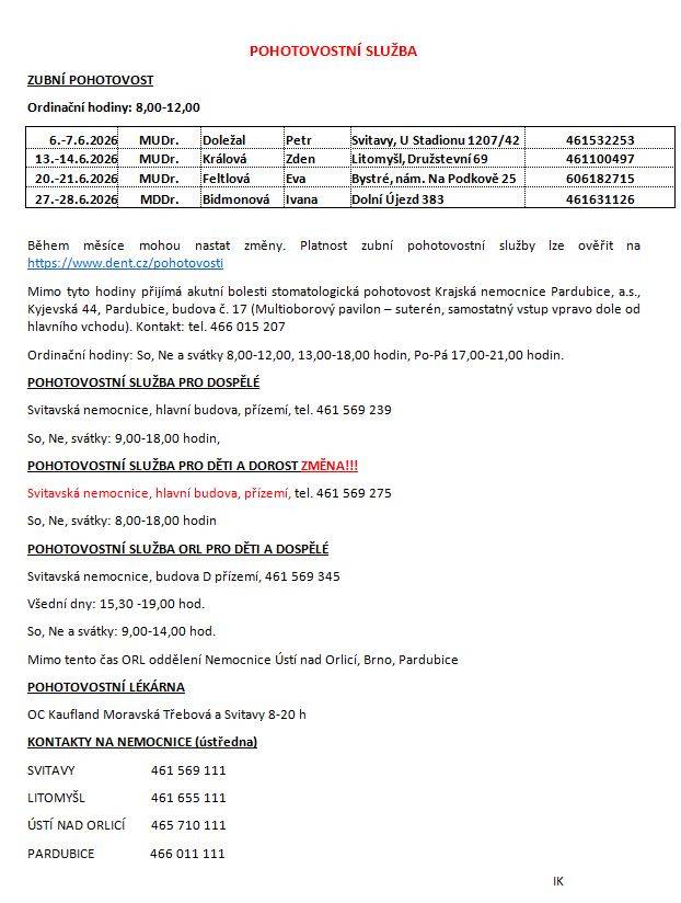 Pohotovostní služba, změny ordinační doby - červen 2026: POHOTOVOST.doc ZMĚNY ORDINACÍ.doc