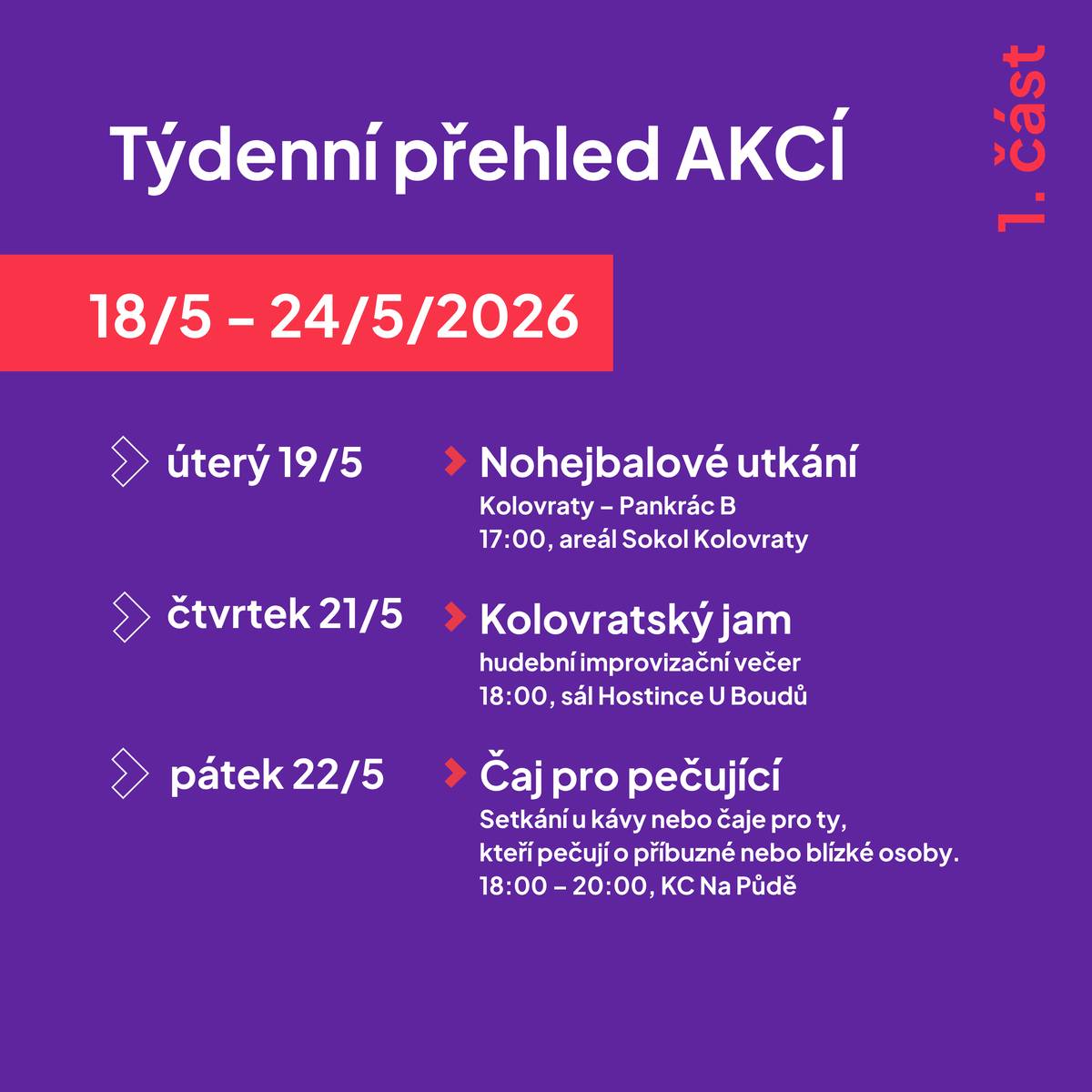 Od sportovních utkání přes hudební improvizaci až po oblíbené rybářské závody nebo řemeslný den. Přijďte si užít sousedská setkání, podpořit místní akce a strávit čas společně 💜