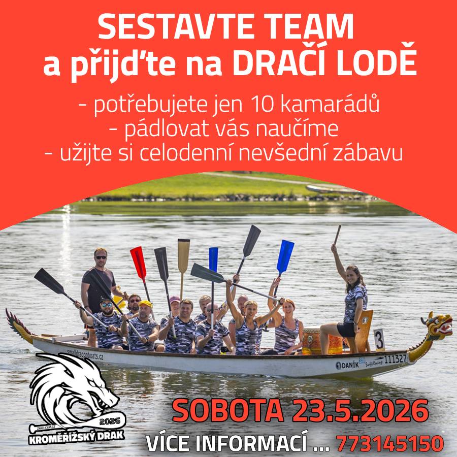 Kroměřížský drak 2026 už připlouvá!  Rytmus bubnu, pádla ve vodě a tým, který táhne za jeden provaz?Čeká vás den plný adrenalinu, zábavy a zážitků, na které se nezapomíná.