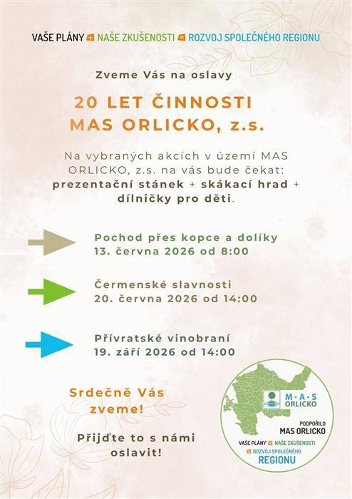 MAS ORLICKO, z.s. letos slaví 20 let své činnosti. Při této příležitosti se můžete během roku potkat s MAS ORLICKO na vybraných akcích v regionu, kde bude připraven prezentační stánek, skákací hrad a dílničky pro děti. Aktivity pro děti – zdarma.   Těšit se můžete na účast na těchto akcích: • Pochod přes kopce a dolíky – 13. 6. 2026  • Čermenské slavnosti – 20. 6. 2026  • Přívratské vinobraní – 19. 9. 2026   Srdečně Vás zveme k společnému setkání a oslavě 20 let MAS ORLICKO.  Více informací naleznete v přiloženém letáčku.