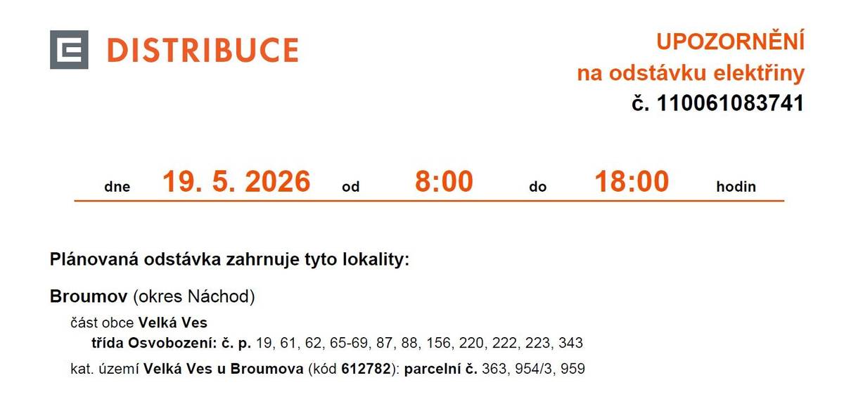 Předáváme informaci o odstávce elektřiny dne 19.05.2026.