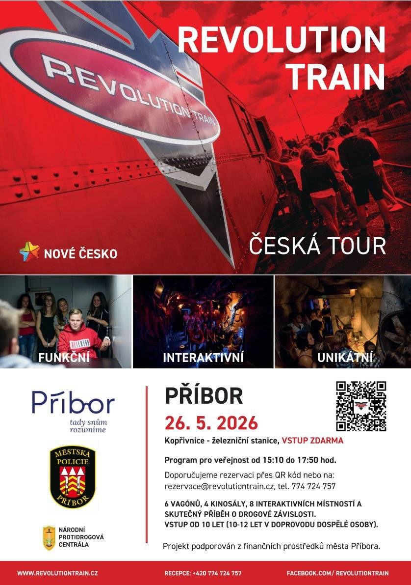 REVOLUTION TRAIN již podruhé zavítá pro příborské školy a občany města Příbora na nádraží do Kopřivnice.Unikátní protidrogový vlak REVOLUTION TRAIN vyráží na své tradiční jarní turné, během kterého nevynechá ani město Příbor (přistaven bude na hlavním nádraží v Kopřivnici). Vlak na vlakovém nádraží v Kopřivnici zastaví dne 26.05.2026. Dopoledne bude program vyhrazen převážně pro školní skupiny, v odpoledních hodinách také pro širokou veřejnost. Vstup je ZDARMA. Rezervace míst pro veřejnost v odpoledním bloku je možná na rezervace@revolutiontrain.cz nebo na tel. +420 774 724 757.