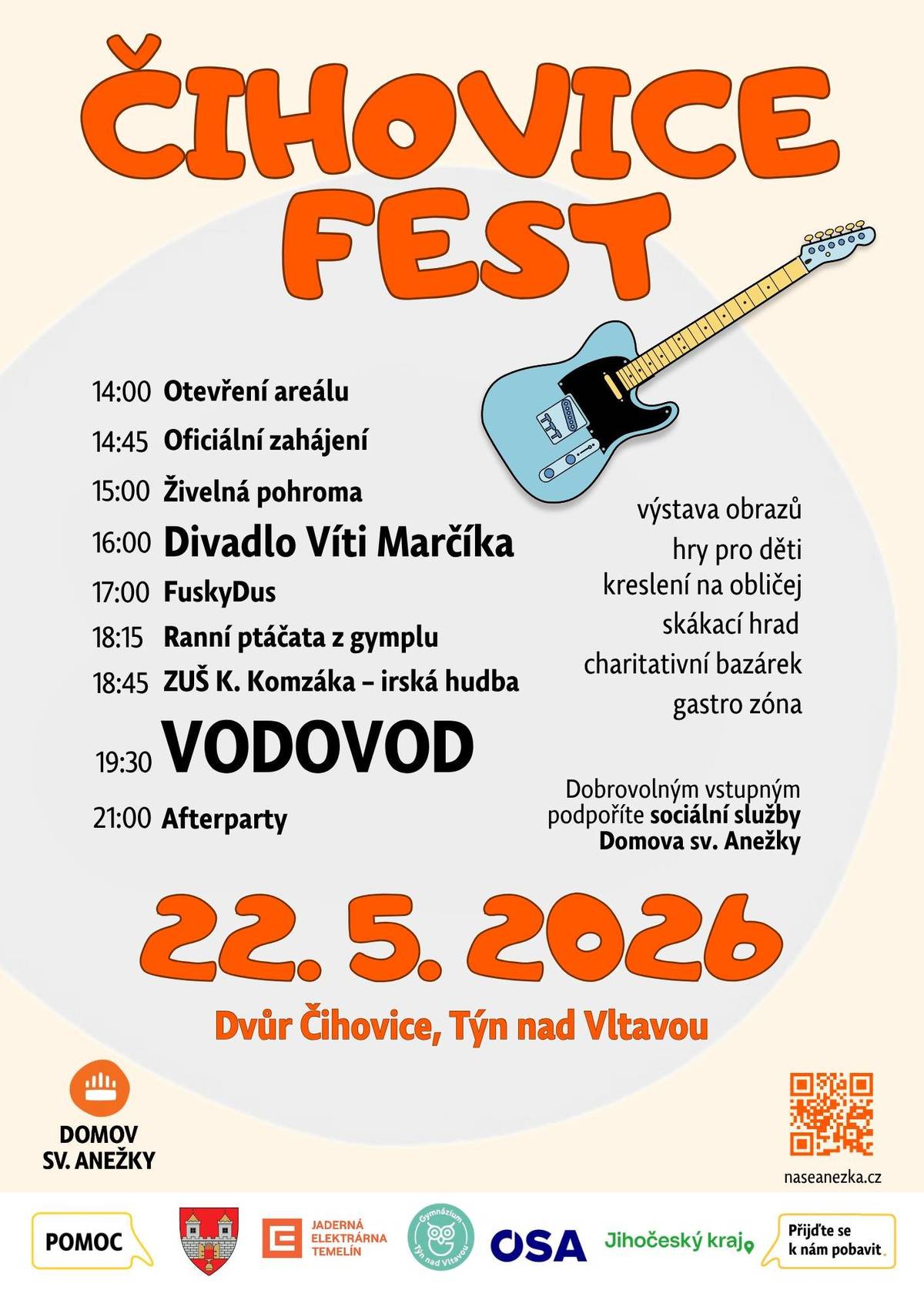 Krásný den z Domova sv. Anežky! Rádi bychom Vás srdečně pozvali na komunitní festival Čihovice Fest 2026, který se uskuteční v pátek 22. května 2026 v areálu Domova sv. Anežky v Čihovicích u Týna nad Vltavou. Čihovice Fest je pro nás především setkáním lidí. Místem, kde se propojuje kultura, komunita, pomoc, radost i lidskost. Na pódiu letos vystoupí například: 🎼 Živelná pohroma 🎭 Divadlo Víti Marčíka 🎼 FuskyDus 🎼 Ranní ptáčata (Gymnázium Týn nad Vltavou) 🎼 ZUŠ Karla Komzáka – irská hudba 🎼 VODOVOD Součástí festivalu bude také doprovodný program pro děti, občerstvení, prezentace našich dílen a prostor pro neformální setkávání. Areál pro vás otevíráme ve 14.00 a těšíme se na osobní setkání!