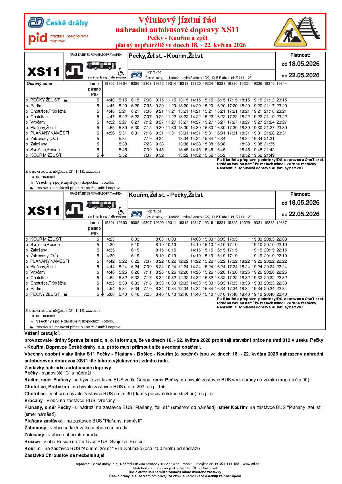 Od 18. do 22. května 2026 probíhají stavební práce na trati 012 mezi Pečkami a Kouřimí. V tomto období budou všechny osobní vlaky linky S11 nahrazeny náhradní autobusovou dopravou XS11.