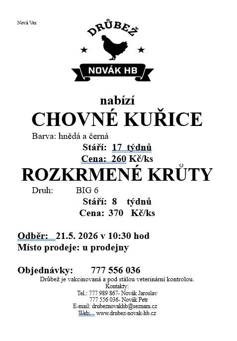 Prodej kuřic a krůt. 21.5.2026 v 10:30 u Jednoty