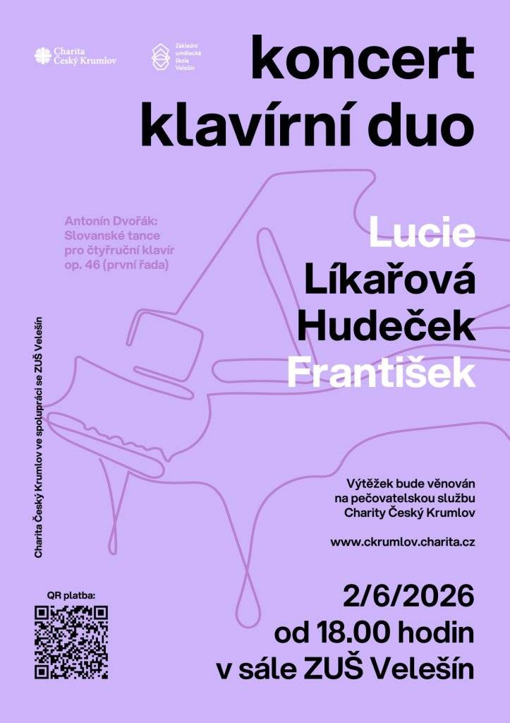 Základní umělecká škola Velešín zve na klavírní koncert. Výtěžek z akce bude věnován Charitě Český Krumlov.