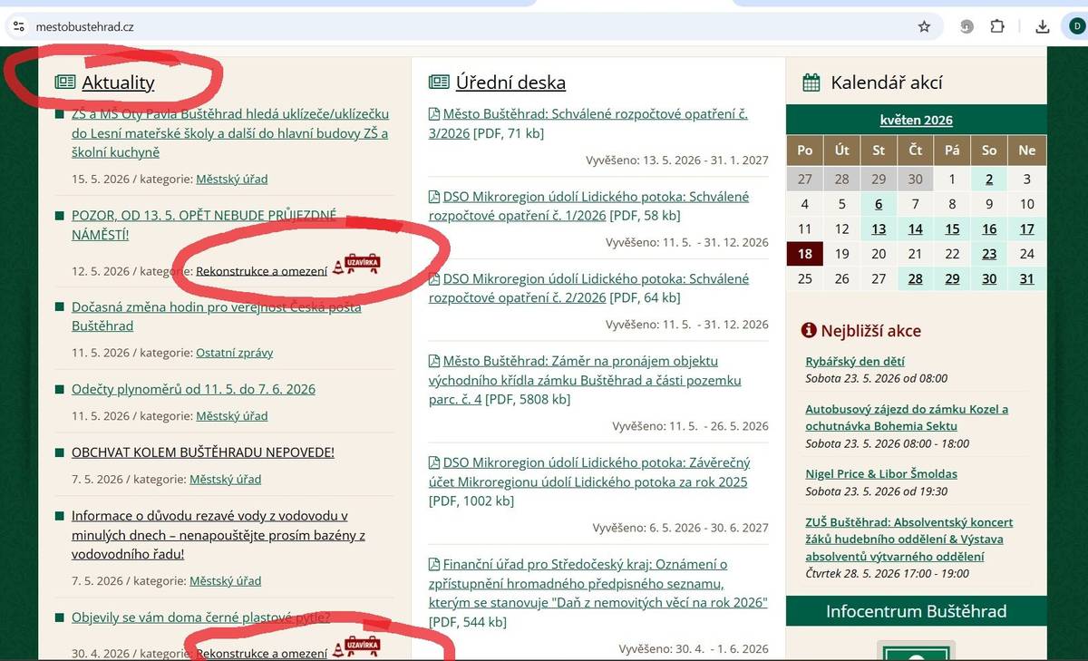 VEŠKERÉ INFORMACE TÝKAJÍCÍ SE STAVBY A UZAVÍREK NAJDETE POHROMADĚ NA NAŠEM WEBU, a to v sekci aktualit, v kategorii "Rekonstrukce a omezení". tyto zprávy jsou navíc označeny ikonkou uzavírky.  https://www.mestobustehrad.cz/aktuality/rekonstrukce/   Vaše starostka