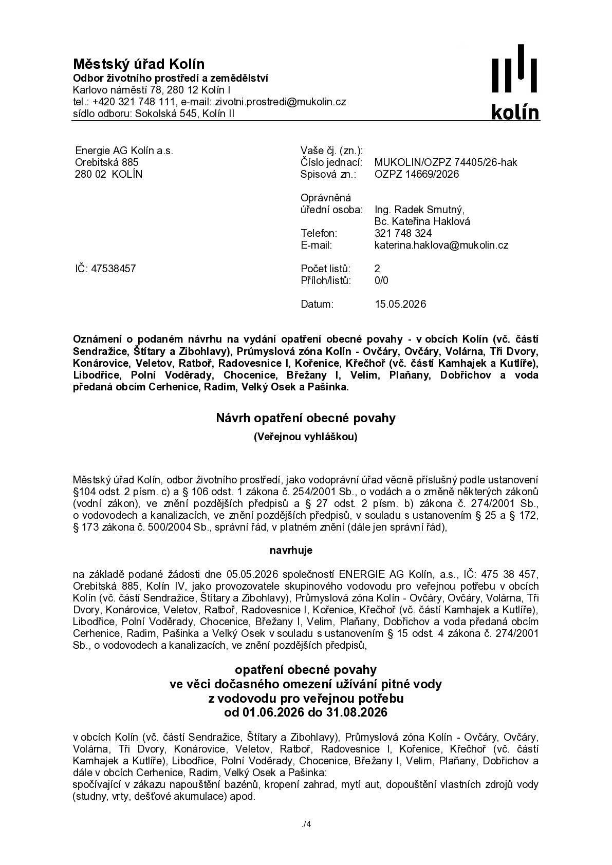 Dočasné omezení užívání pitné vody z vodovodu pro veřejnou potřebu od 01. 06. do 31. 08. 2026.