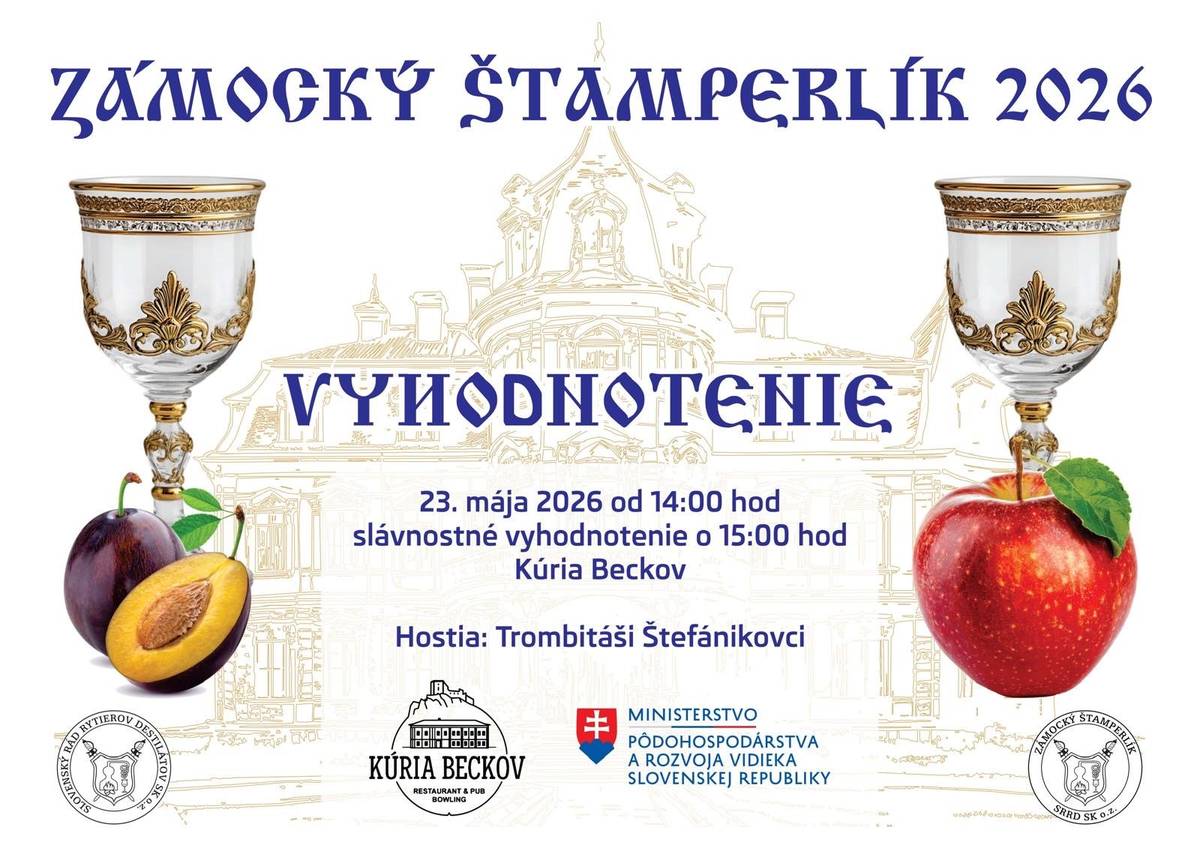 Organizátori Vás pozývajú v sobotu 23.5.2026 od 14.00 hod. do Kúrie Beckov na Zámocký štamprlík - degustáciu destilátov. Na privítanie sa bude strieľať z perkusných zbraní a zahrá skupina Štefánikovci.