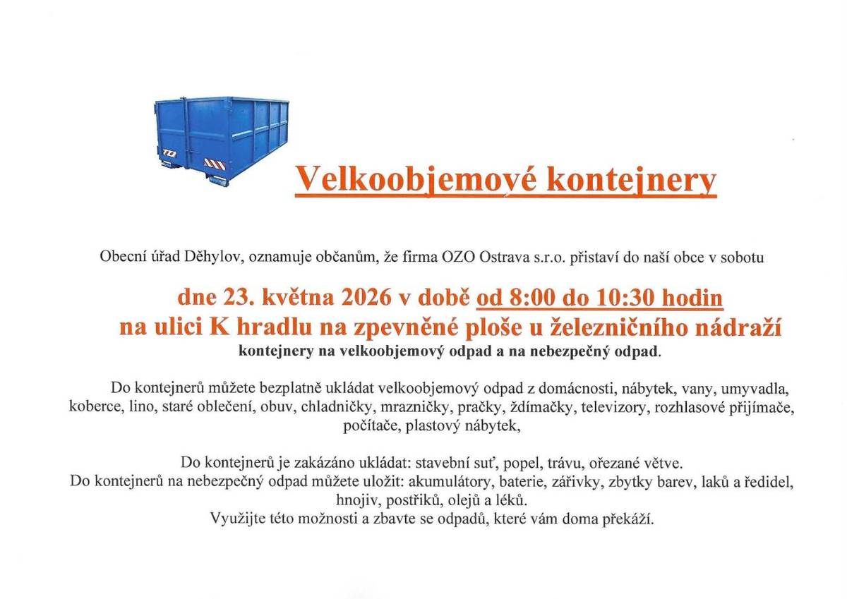 v sobotu 23.5.2026 od 8:00 do 10:30 hodin, zpevněná plocha u nádraží ČD Děhylov