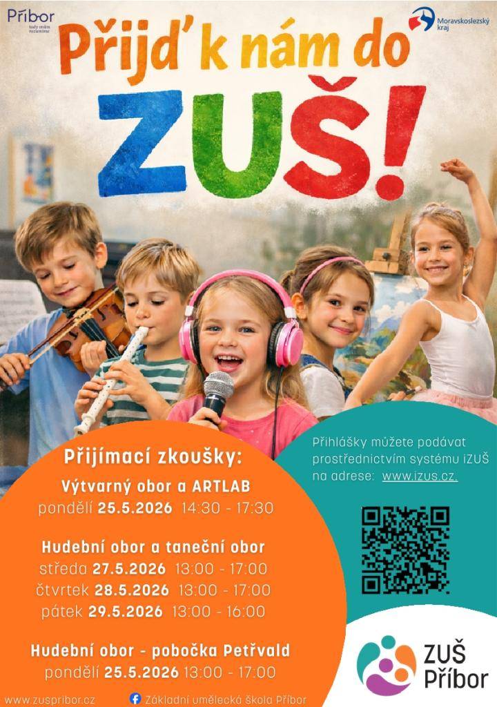 Základní umělecká škola Příbor zve zájemce na přijímací zkoušky na výtvarný obor a ARTLAB, hudební a taneční obor.