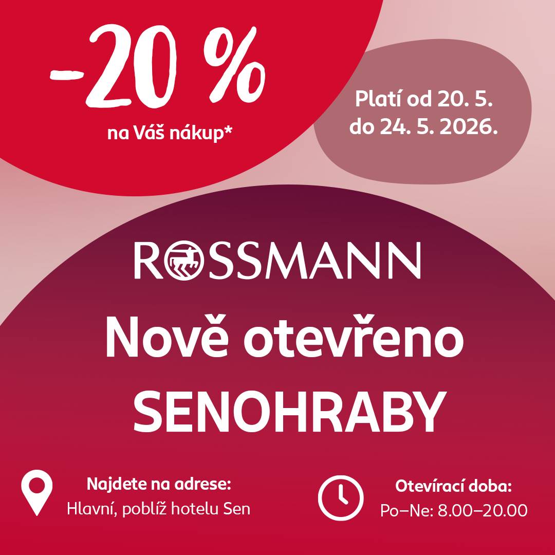 Ve středu 20. 5. 2026 otvíráme novou prodejnu ROSSMANN v Senohrabech. Od 20. 5. do 24. 5. 2026 můžete využít 20 % slevu na váš nákup! Váš ROSSMANN!
