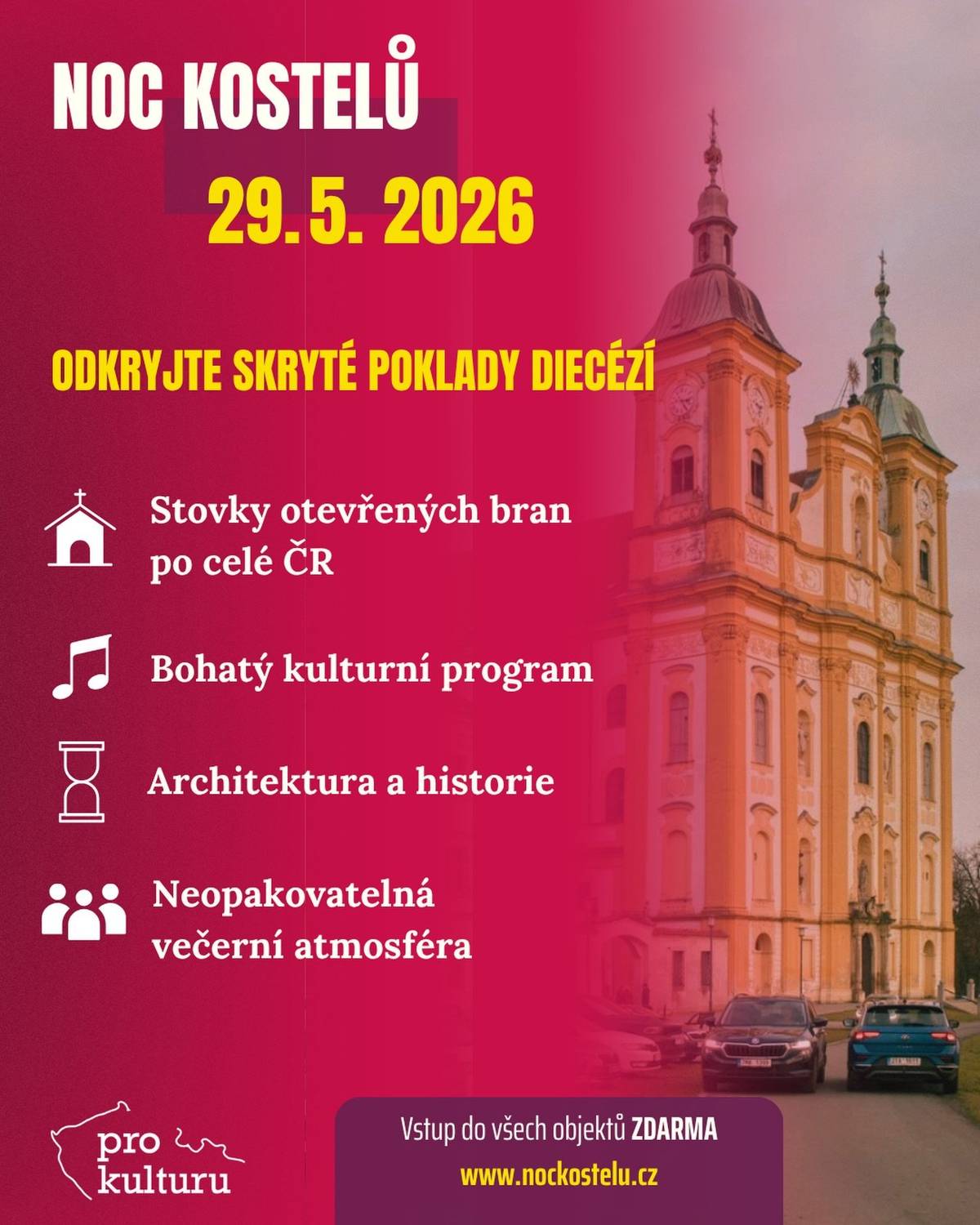 Poslední květnový pátek večer se devět kostelů ve Frýdku-Místku otevře veřejnosti. Některé z nich nabídnou i hudební zážitek. Letošní Noc kostelů se koná 29. května, tématem je Odvaha, novinkou pak Poutnický pas v mobilní aplikaci. Čtěte více na webu města: NOC KOSTELŮ VE FRÝDKU-MÍSTKU NABÍDNE OTEVŘENÉ CHRÁMY I HUDEBNÍ PROGRAM | Frýdek-Místek