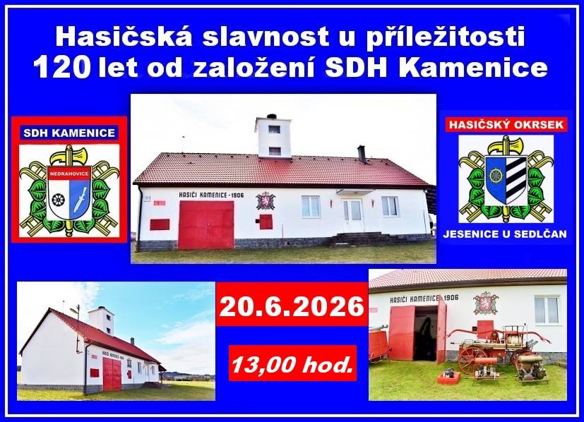Sbor dobrovolných hasičů Kamenice vás srdečně zve na Hasičskou slavnost, která se uskuteční 20. června 2026. Tato akce je pořádána při příležitosti 120 letého výročí od založení místního hasičského sboru. Přijďte oslavit tuto významnou událost a podpořit práci hasičů v naší osadě.