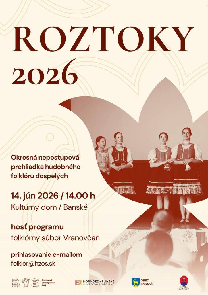 Srdečne Vás pozývame na okresnú nepostupovú prehliadku hudobného folklóru dospelých, ktorá sa uskutoční 14. júna 2026 o 14:00 h. v KD Banské. Hosťom programu bude folklórny súbor Vranovčan.