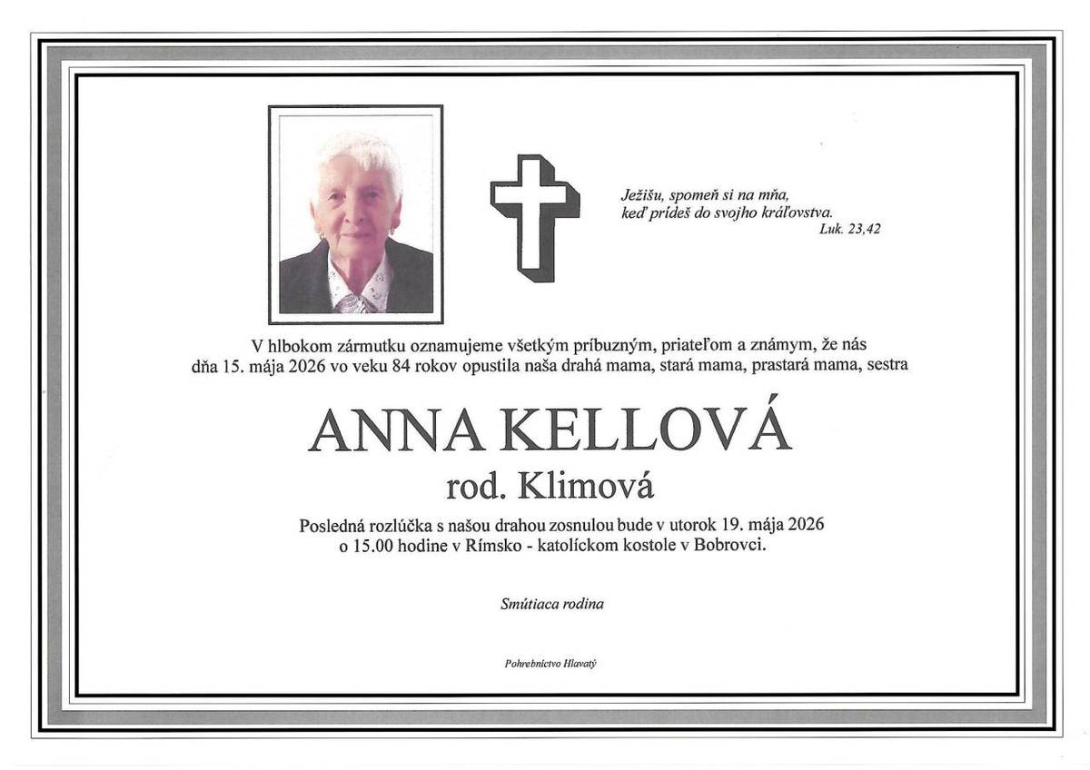 Smútočné oznámenie Anna Kellová