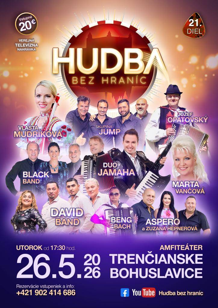 Milí priatelia “Hudby bez hraníc”, srdečne vás pozývame na verejnú nahrávku pre televíziu Šláger s bohatým kultúrnym programom dňa 26.5.2026 o 17.30hod. v našom športovom areáli. Lístky  si môžete zakúpiť na Obecnom úrade v Tr.Bohuslaviciach. Tešíme sa na vašu účasť.