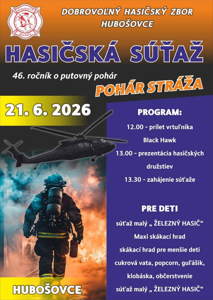 46. ročník hasičskej súťaže o POHÁR STRÁŽA ponúka množstvo atrakcií pre deti vrátane skákacích hradov, súťaže "malý ŽELEZNÝ HASIČ", občerstvenie a prílet vrtuľníka BLACK HAWK