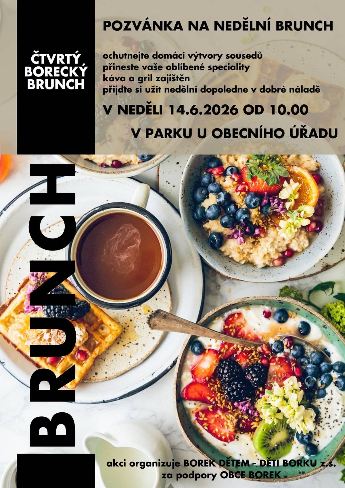 Dobrý den všem. Dovolte mi, abych Vás všechny pozval jménem spolku BOREK DĚTEM - DĚTI BORKU z.s. a OÚ BOREK na - NEDĚLNÍ BRUNCH, který se uskuteční v neděli 14. června 2026 od 10:00 hodin v parku u OÚ Borek. Bližší informace získáte v přiloženém letáku.S přáním hezkého dne Jaroslav Novák - starosta obce Borek