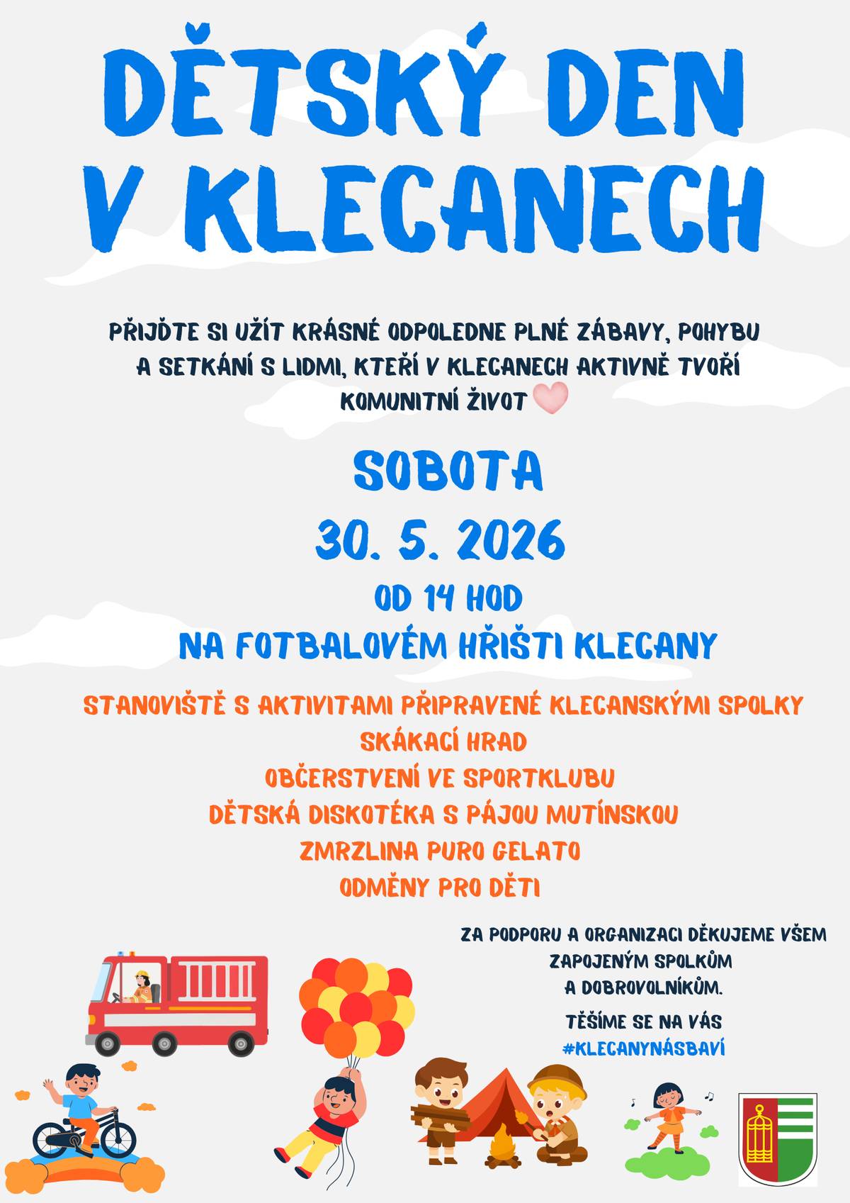 Zveme vás na tradiční akci v našem městě. Přijďte si užít krásné odpoledne s vašimi dětmi a blízkými na fotbalové hřiště, na kterém si pro vás místní spolky a organizace připravili aktivity. Těšíme se na vás v sobotu 30.května 2026 od 14 hodin. #klecanynásbaví