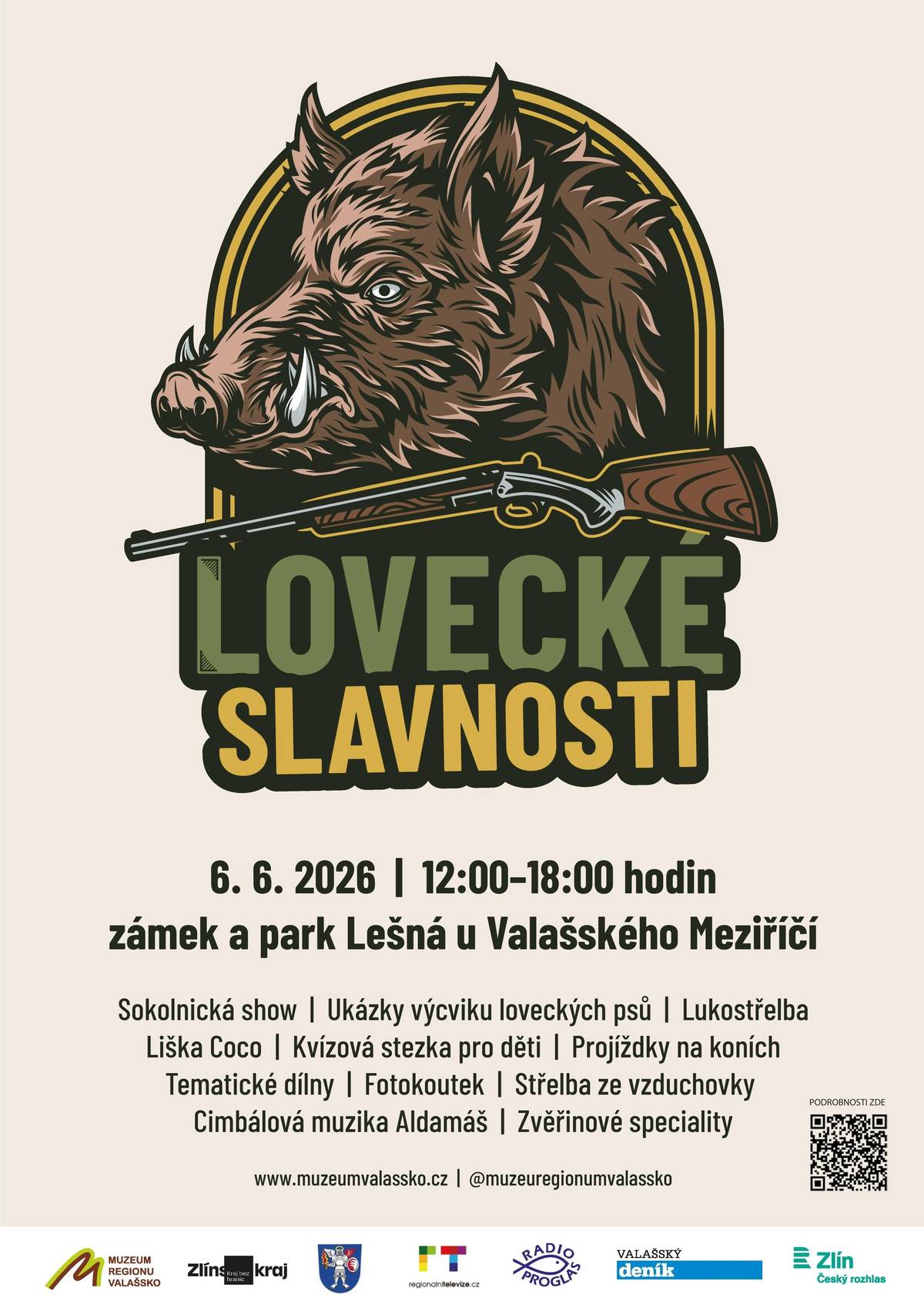 Park zámku Lešná u Valašského Meziříčí ožije v sobotu 6. června tradičními Loveckými slavnostmi. Muzeum regionu Valašsko pro Vás připravuje odpoledne plné myslivosti, historie, hudby a zábavy pro celou rodinu. Můžete se těšit na osvědčená lákadla i zajímavé novinky. Chybět nebudou ani zvěřinové speciality od místních myslivců a další dobroty od regionálních prodejců. Akce proběhne od 12:00 do 18:00 hodin. Více https://www.muzeumvalassko.cz/akce-a-vystavy/lovecke-slavnosti-2026