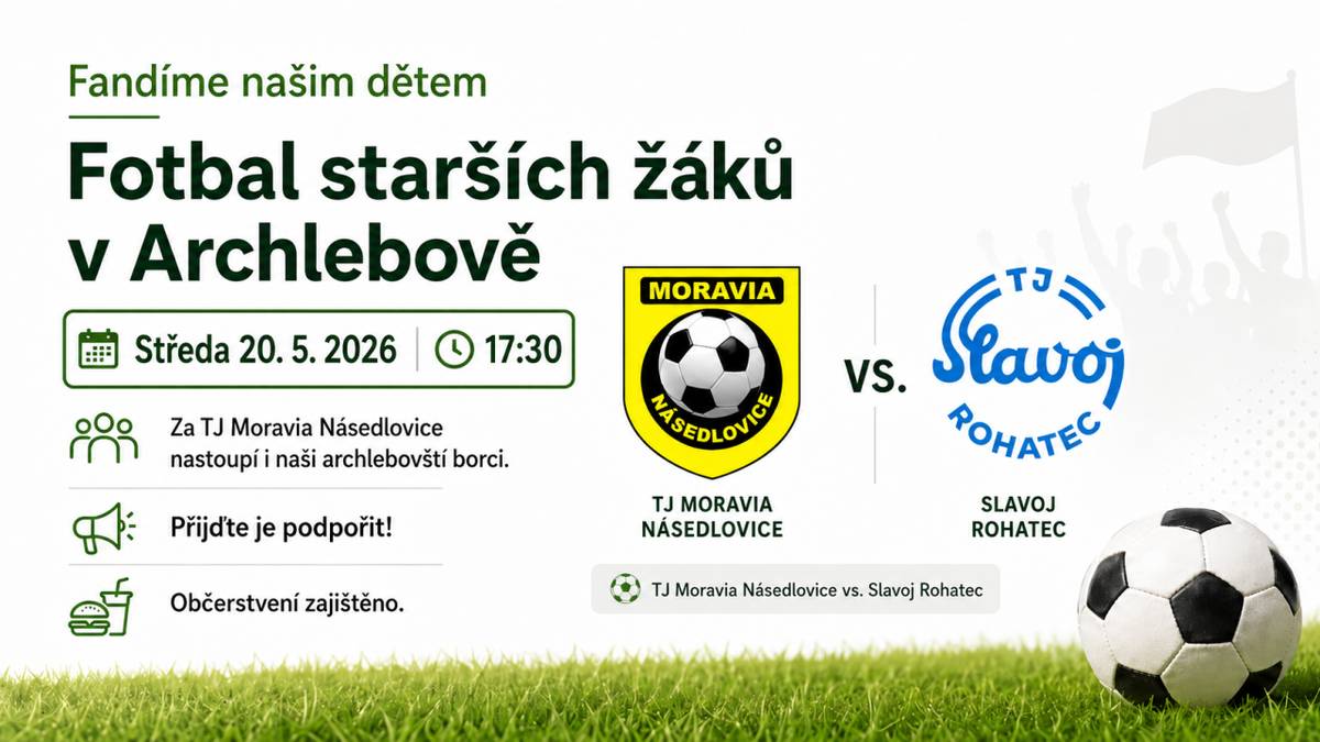 Ve středu v 17:30 hod. se na hřišti v Archlebově odehraje utkání starších žáků. TJ Moravia Násedlovice zde přivítá tým z Rohatce.  V dresu Násedlovic nastoupí také mladí fotbalisté z Archlebova, proto přijďte naše kluky podpořit a vytvořit jim příjemnou domácí atmosféru.    Občerstvení bude zajiště