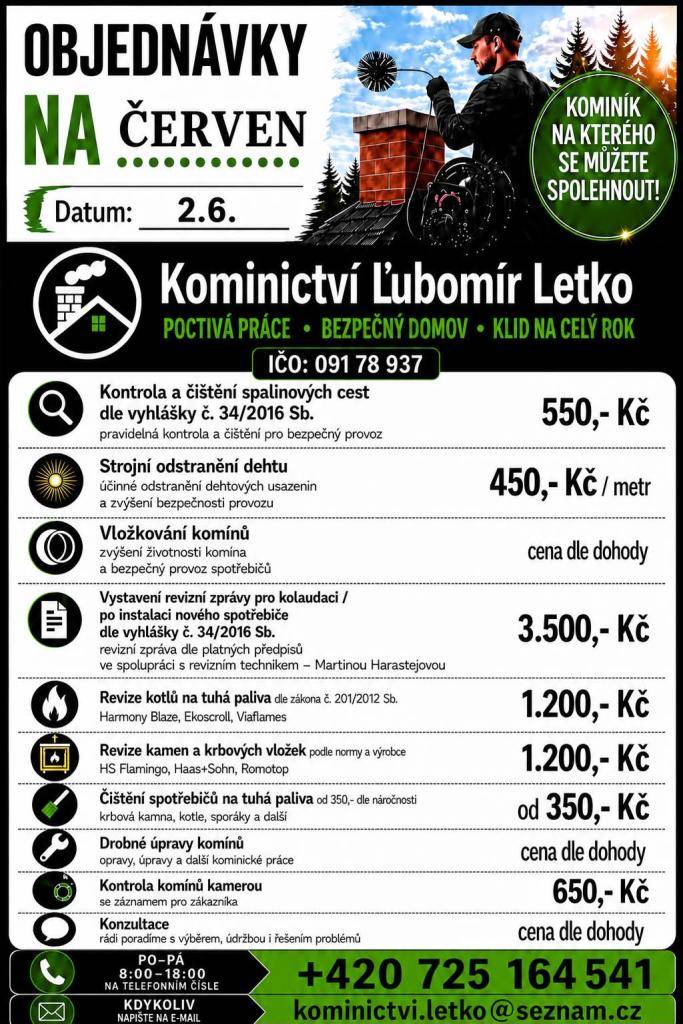 Kominictví Ľubomír Letko přijímá objednávky na kominické práce - 02. 6. 2026