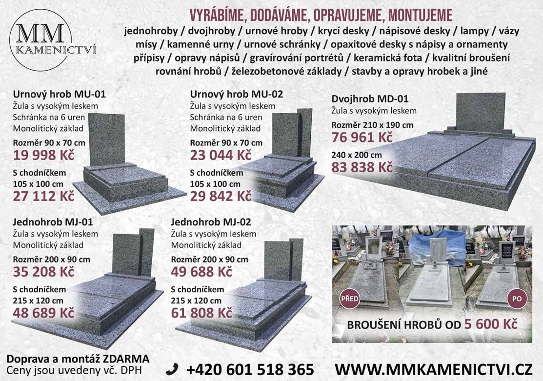 Ve dnech 19.5. - 26.5. bude na místních hřbitovech poskytovat kamenické služby firma MM KAMENICTVÍ s.r.o.      Konkrétní termíny přítomnosti:      - Mikulov - 19.5. v 12:20 a 26.5. v 12:20