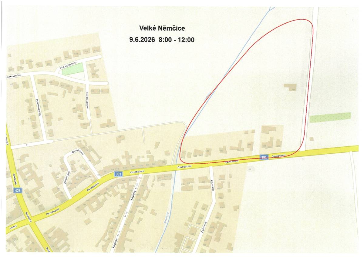 Odstávka číslo: 260218752 Dne 09.06.2026 od 08:00 do 09.06.2026 12:00 Vypnutá oblast: Velké Němčice - Osvobození severní strana od č.p. 572 po č.p. 570, - Podsedky nová výstavba mezi ul. Osvobození a plynovou elektrárnou.