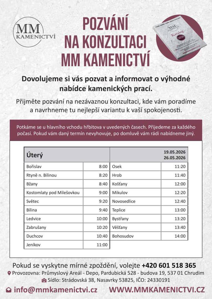 ve dnech 19. a 26. května 2026 v 11:20 hod. budou na hřbitově poskytovat své služby zástupci firmy MM KAMENICTVÍ s.r.o.