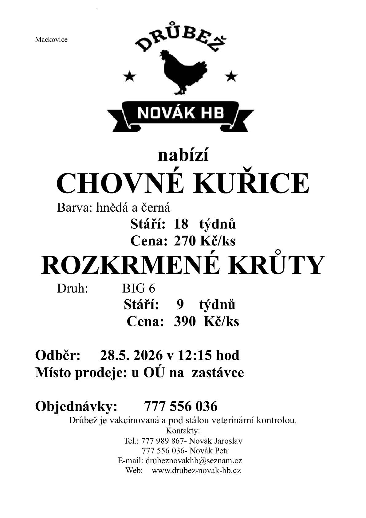 Prodej chovných kuřic a rozkrmených krůt 28.5.2026 ve 12:15 u OÚ Mackovice.Kuřice 270 Kč, stáří 18 týdnů, krůty 390 Kč, stáří 9 týdnů. Tel. 777556036